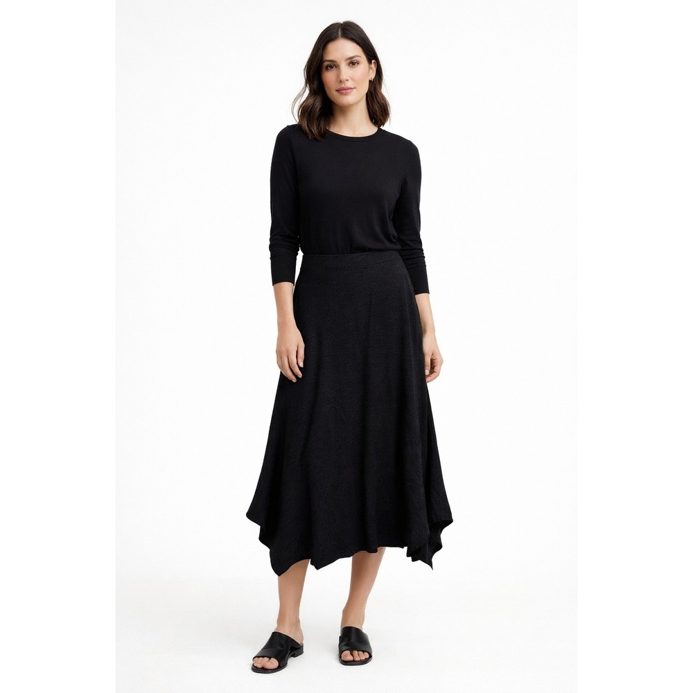 Eileen Fisher Black 100% Wool Handkerchief Hem Midi Skirt Size S